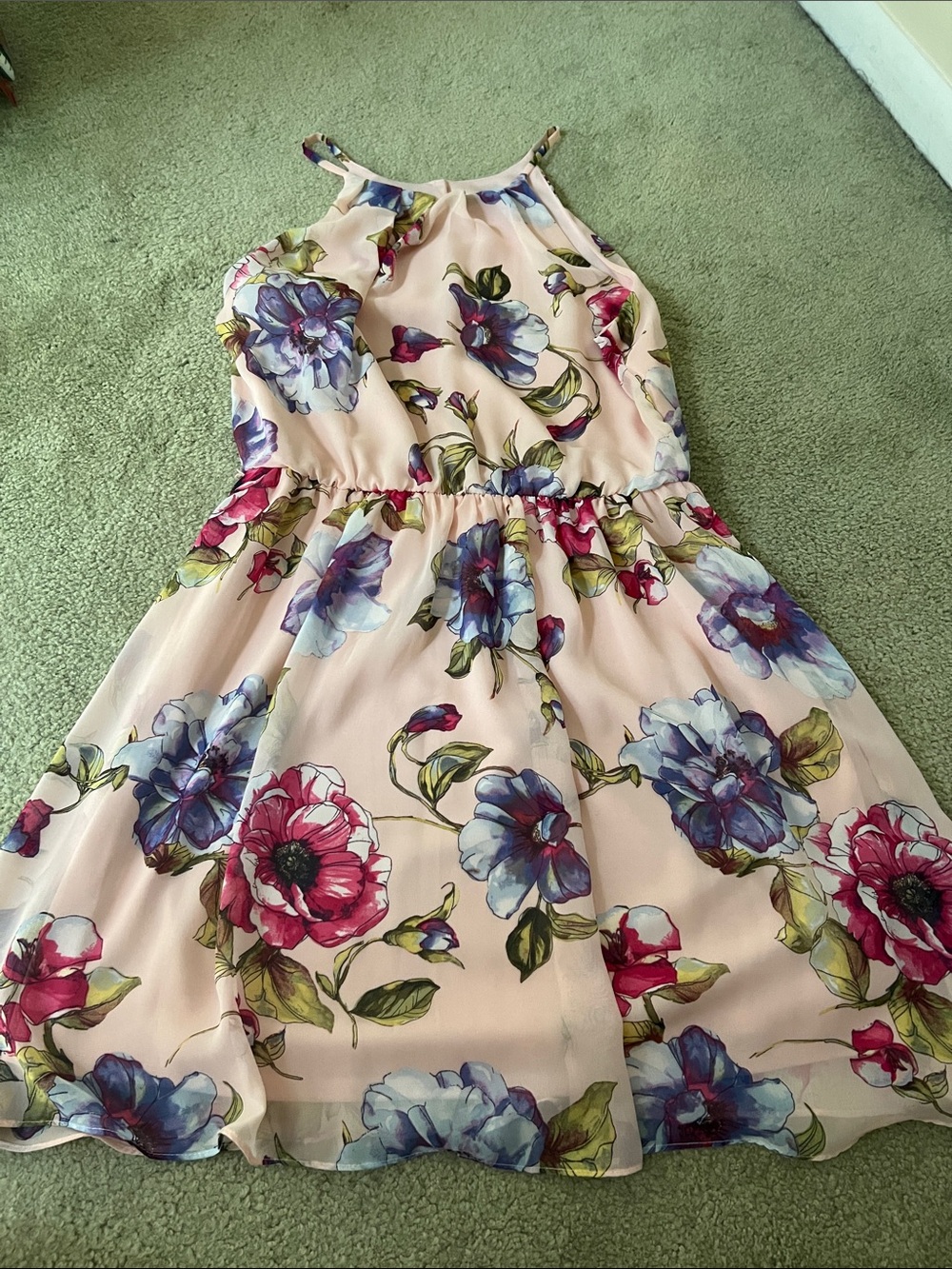 Floral Halter Sundress in Pink with Blue & Fuchsia Blooms